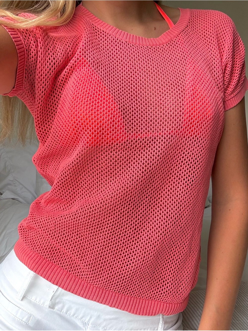 90's y2k coral mesh top crochet